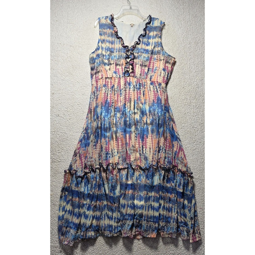 Reba Womens XL Multi-Color Abstract Floral Ruffle V-Neck Tiered Midi Dress